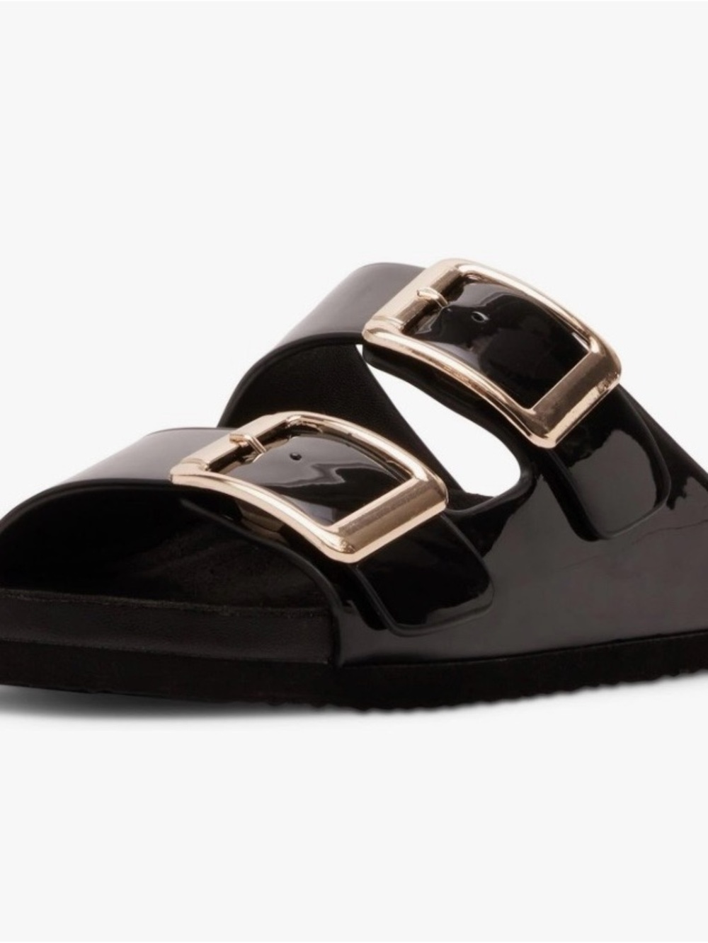 Steve Madden Black Patent Slide Sandals with Gold Buckles